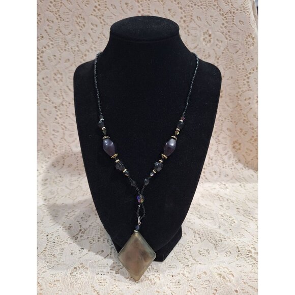 Beaded Necklace With Square Pendant & Adjustable Chain - Picture 1 of 4